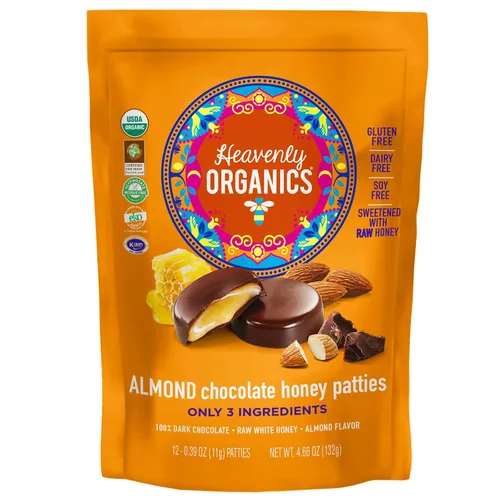 Vista 2 de Heavenly Organics Empanadas de miel de chocolate y almendras, hechas con cacao 100% orgánico y miel blanca cruda 100% orgánica; sin OMG, comercio