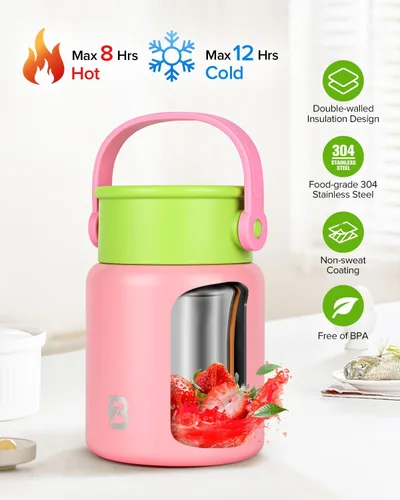 Vista 2 de Termo de sopa para comida caliente, 17 onzas con aislamiento para alimentos con boca ancha, acero inoxidable, lonchera térmica para adultos con Rosa