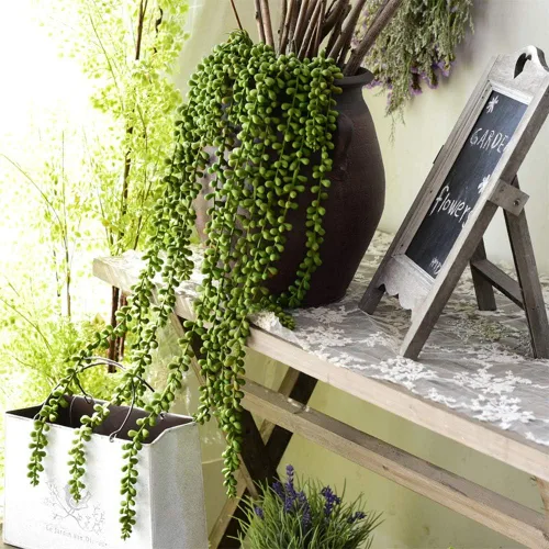 Vista 3 de SzJias 6 unidades de plantas artificiales de cadena de perlas para colgar, suculentas para decoración de hogar o jardín