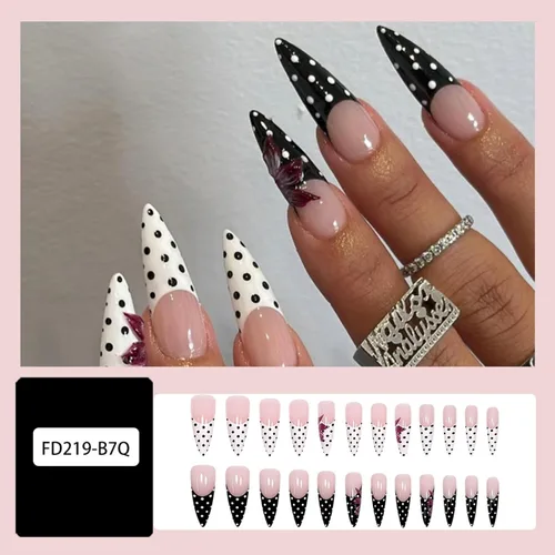 Vista 2 de Uñas postizas largas a presión, color negro, diseño francés y floral, 24