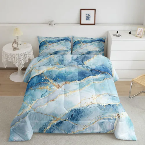 Vista 17 de Feelyou Juego de edredón abstracto para todas las estaciones, juego de ropa de cama negro y azul con 1 funda de almohada con estampado de mármol