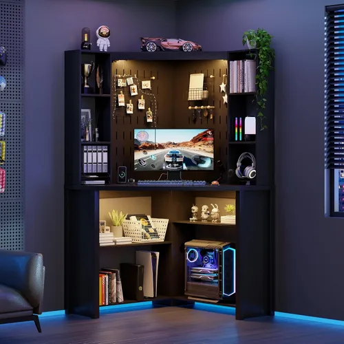 Vista 10 de Escritorio de esquina con luces LED de lectura, escritorio para computadora en forma de L con estante superior y repisas, escritorio triangular
