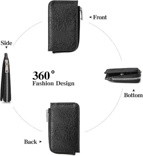 Vista 3 de GAEKEAO Cartera pequeña porta tarjetas de crédito para mujeres RFID de cuero delgada tipo pulsera con llavero y bolsillo con cremallera, Negro