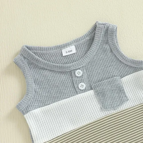 Vista 5 de Ropa de bebé niño sin mangas + pantalones cortos con estampado a rayas con bolsillos, 2 piezas de trajes de verano