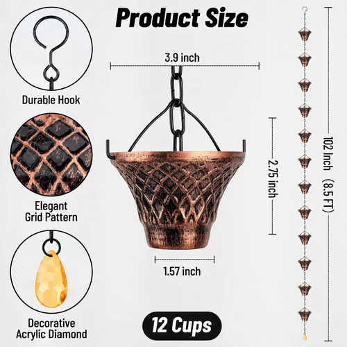 Vista 3 de Cadenas de Lluvia Adorafur para Canalones Exteriores de 1.75m Cadena de Atrapache de Lluvia de Cobre con 12 Tazas Decorativas de Reemplazo