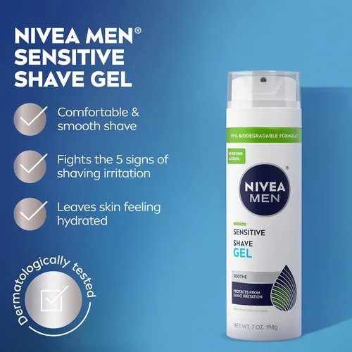 Vista 3 de NIVEA MEN Gel de afeitado sensible con vitamina E, extractos calmantes de manzanilla y hamamelis, paquete de 3 latas de 7 onzas