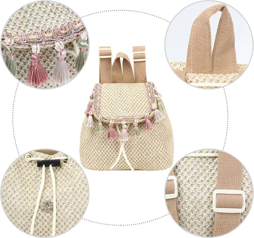 Vista 6 de Meyaus Mochila tejida de paja pequeña con borlas y cordón para mujer, Borlas Caqui, Mochilas Daypack