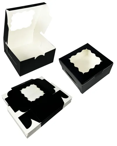 Vista 2 de Bakepacker 100 piezas Cajas Negras para Galletas 6x6x3 pulgadas Fácil Montaje Cajas de Pastelería Macarrones Cajas de Panadería con Ventana