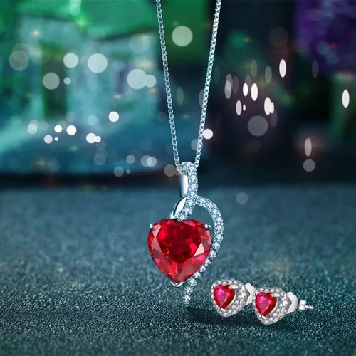 Vista 4 de MABELLA Collar con colgante de rubí rojo simulado de corazón, aretes de tuerca de plata esterlina, conjunto de joyas de regalo para mujeres, Metal