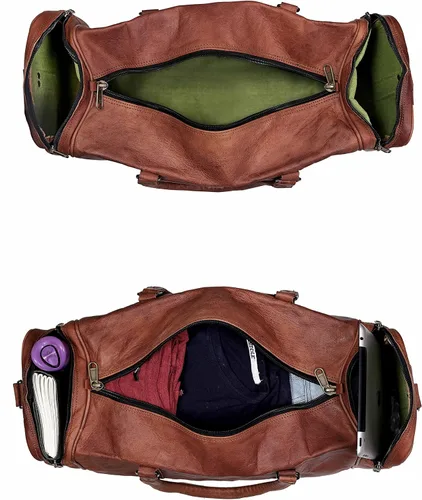 Vista 5 de Bolsa de lona de cuero genuino de 22 y 24 pulgadas Bolsa de cuero para viajes durante la noche Bolsa de deporte para gimnasio para hombres
