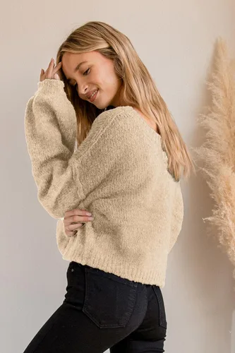 Vista 3 de Jumppmile Suéter corto para mujer, cuello redondo, manga larga, suéter de punto para otoño