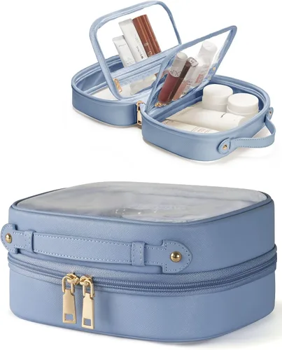 Vista 20 de Bolsa de Cosméticos Transparente de Doble Capa Bolsa de Artículos de Tocador de Viaje Estuche de Maquillaje Transparente con 4 Compartimentos, Bolsa
