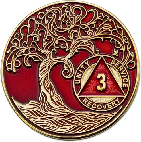 Vista 75 de 1 año Sobriety Mint Twisted Tree of Life Medallón de recuperación AA chapado en oro, chip/ficha - negro