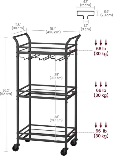 Vista 3 de VASAGLE Carrito de bar, estante de 3 niveles, soportes para vino Negro tinta