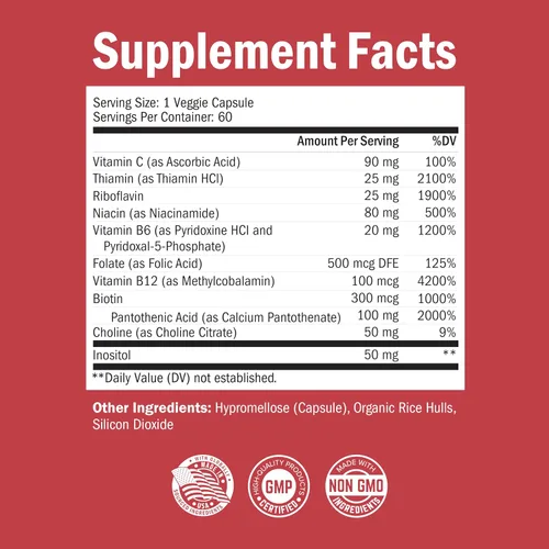 Vista 5 de Complejo de vitamina B con vitamina C para una máxima absorción – Metilcobalamina b12 y folato ácido fólico suplemento – Vitaminas B1 B2 B3 B5 B6 B7