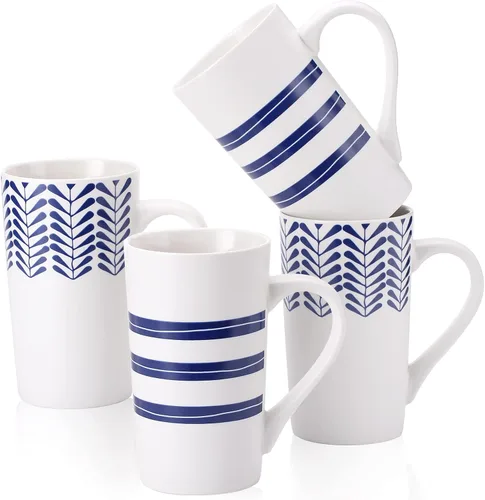 Vista 7 de YouPeng Juego de tazas de café grandes, tazas de cerámica con asa grande, taza de café alta para hombres o mujeres con patrón pintado a mano azul