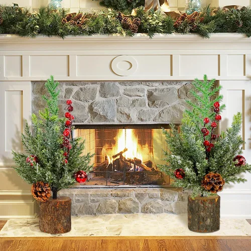 Vista 7 de Blissun Mini árbol artificial de Navidad de 15 pulgadas con luces, árbol de Navidad pequeño, pinos artificiales de Navidad con base de madera, mini