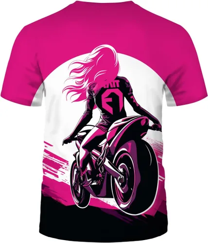 Vista 2 de Camiseta de motociclista rosa para niña, camiseta con tema de dibujos animados