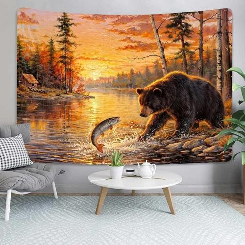 Vista 5 de DYNH Tapiz de pesca de oso negro, para colgar en la pared de cabaña de lago y puesta de sol, paisaje, naturaleza, bosque, tapiz para dormitorio