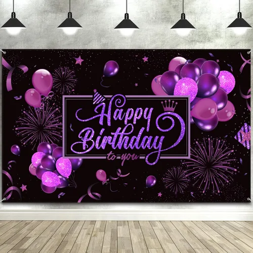 Vista 10 de Blulu Cartel de Pancarta de Feliz Cumpleaños Póster de Tela Grande con Purpurina Globo Fuegos Artificiales Cartel Fondo de Fotos Telón de Fondo