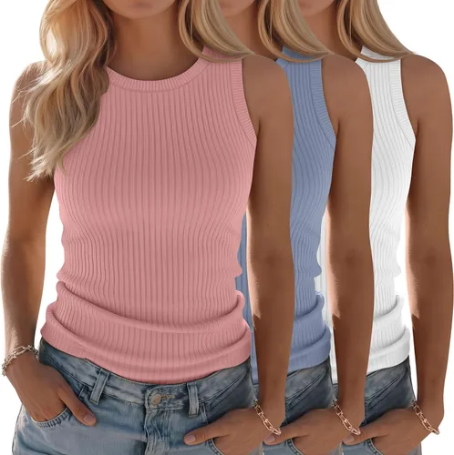 Vista 9 de Paquete de 3 camisetas sin mangas de algodón para mujer, de punto acanalado, casuales, básicas, de cuello redondo, ajustadas, de verano, con espalda