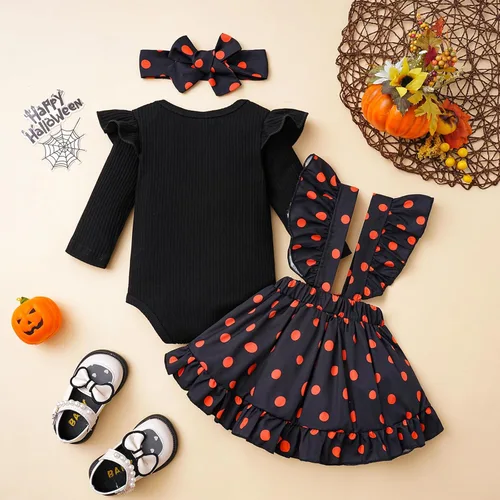 Vista 3 de Traje de Halloween para bebé recién nacido, con letras divertidas, mameluco de calabaza, con volantes, lunares, con tirantes, diadema