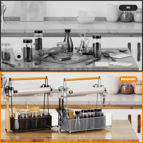 Vista 7 de PHINOX Organizador de utensilios con asa y portarrollos de toallas de papel, organizador de cubiertos y condimentos para fiestas, pícnic y Negro