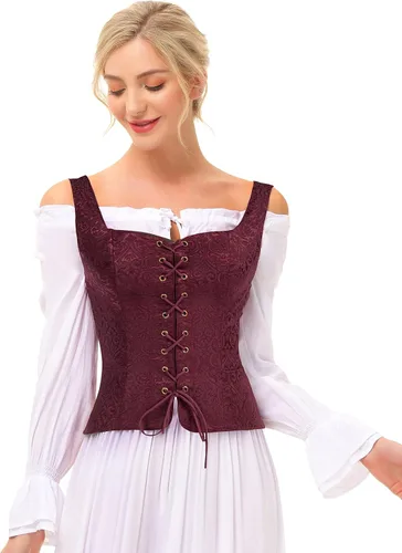 Vista 4 de Scarlet Darkness Chaleco pirata renacentista para mujer, disfraz de cosplay corpiño campesino