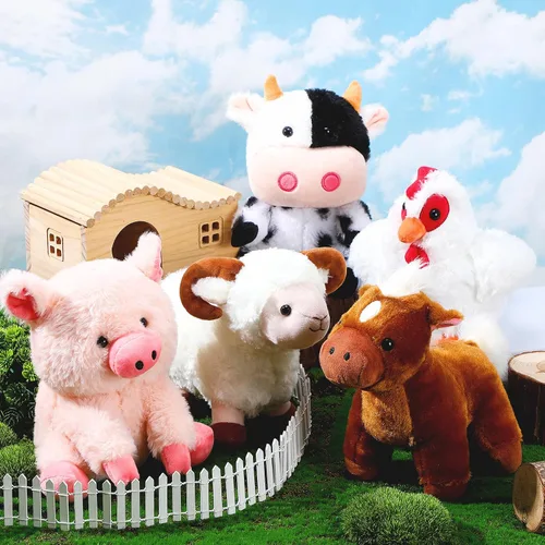 Vista 4 de Skylety Juego de 5 animales de peluche de granja de 10 pulgadas, animales de peluche de granja suave, cerdo gallo, caballo, oveja, vaca, juguete