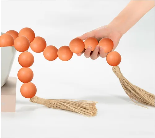 Vista 28 de OMISHE Guirnalda de cuentas de madera extra grande con cuentas de madera y borlas de 1.6 pulgadas de diámetro, cuentas decorativas rústicas de 41
