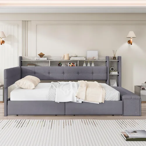 Vista 19 de Cama Diván Moderna Tamaño Twin XL con Cinturón LED y Cama Nido, Marco de Cama Plataforma de Madera con Cabecera Tapizada con Almacenamiento, Sofá