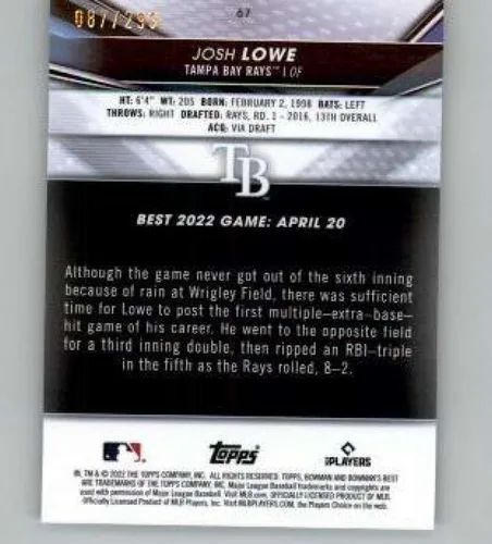 Vista 2 de Bowman's Best Refractor Mini-Diamond # 67 Josh Lowe RC Rookie/299 Tampa Bay Rays MLB Béisbol Trading Card