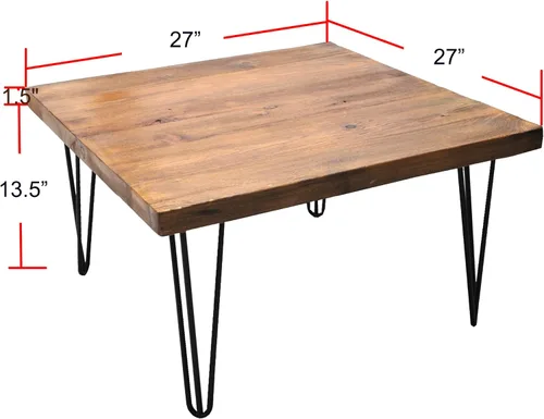 Vista 2 de Mesa de centro cuadrada de madera natural de 27 x 27 x 15 pulgadas de alto, mesas vintage de madera rústica para sala de estar, comedor, sofá