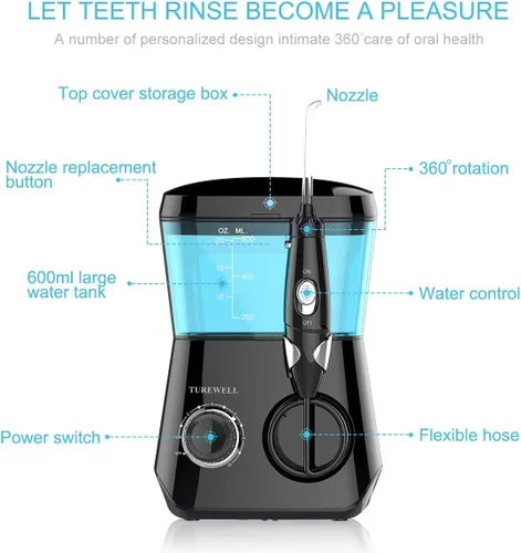 Vista 8 de TUREWELL Irrigador oral de hilo dental con agua, limpiador dental de 21.1 fl oz, 10 presiones ajustables, irrigador oral eléctrico para aparatos