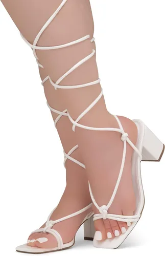 Vista 5 de Shoe Land SL-Sweets - Sandalias de tacón bajo con cordones para mujer, sandalias de tacón corto con tiras de amarre grueso, sandalias de tacón corto