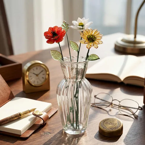 Vista 10 de HunnmingRe 5 piezas de flores de vidrio con jarrón, decoración de flores de mes de nacimiento de mayo, ramo de flores de cumpleaños de vidrio