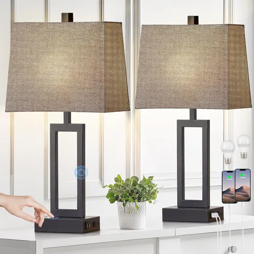 Vista 11 de Rinweey Juego de 2 lámparas de mesa de 23.5 pulgadas, modernas lámparas de noche negras con 2 puertos USB y salida de CA, lámparas de mesita