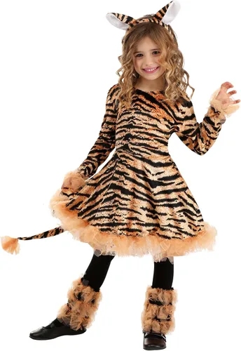 Vista 2 de Fun Costumes Kids Tiger Costume Small Tiger Costume Velour Dress with Glittery Tulle Ruffles, Tiger Costume for Girls