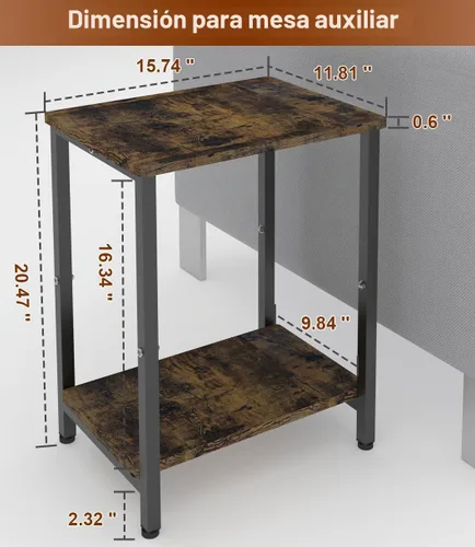 Vista 3 de Mesa auxiliar de 2 niveles, mesa auxiliar resistente con estantes, mesa de noche estrecha para espacios pequeños, mesa de tocadiscos para Negro
