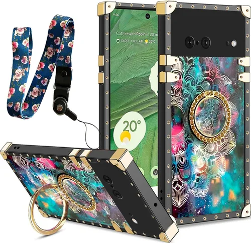 Vista 71 de nancheng Funda para Google Pixel 6 de lujo, diseño de abeja, corazón y abeja, chapado en oro, con anillo de diamante de 360°, correa de cordón