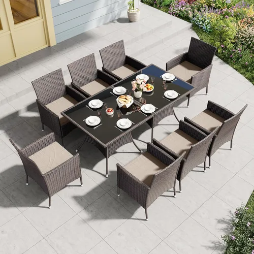 Vista 10 de Juego de 10 piezas de comedor para patio al aire libre, mesa de patio y sillas de ratán con agujero para paraguas, juego de mesa de comedor para 8