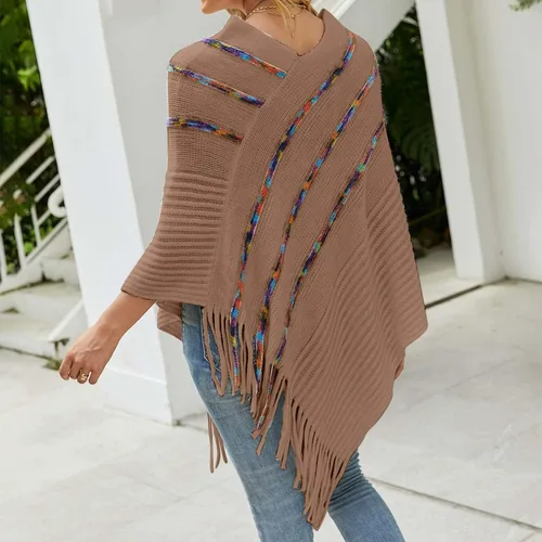 Vista 5 de Poncho de punto elegante para mujer con patrones de rayas y lados con flecos suéter de otoño para mujer