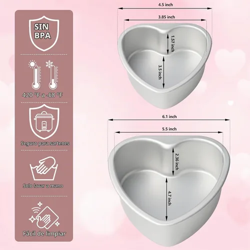 Vista 5 de Juego de 2 moldes de aluminio con forma de corazón de 4 y 6 pulgadas con parte inferior extraíble para hornear postres románticos