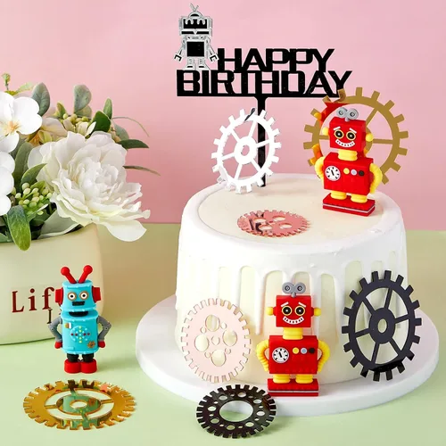 Vista 4 de Jetec 11 piezas de decoración de pastel de cumpleaños de robot, decoración de cupcakes, decoración de fiesta de cumpleaños con temática de robot