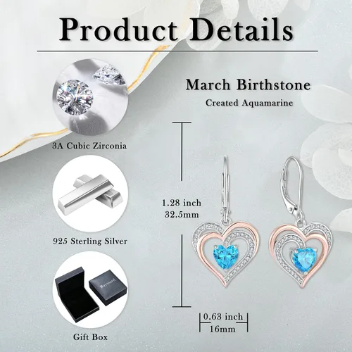 Vista 6 de Raymard Aretes de corazón para mujer, plata de ley 925 colgantes, piedra natal con corte de corazón, joyería para mujer