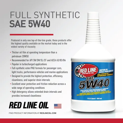 Vista 3 de Red Line 15404 SAE 5W40 Aceite de motor totalmente sintético - 1 cuarto de galón