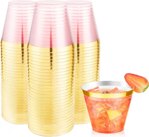 Vista 12 de LUODA 150 vasos de plástico azul, vasos desechables transparentes de 9 onzas con borde dorado, vasos de plástico con borde dorado, vasos de plástico