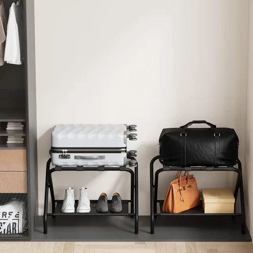 Vista 7 de Smuxee Portaequipajes Negro Paquete de 2, Soporte Plegable para Maletas con Estante de Almacenamiento de Tela, Portamaletas con 4 Correas de Nailon