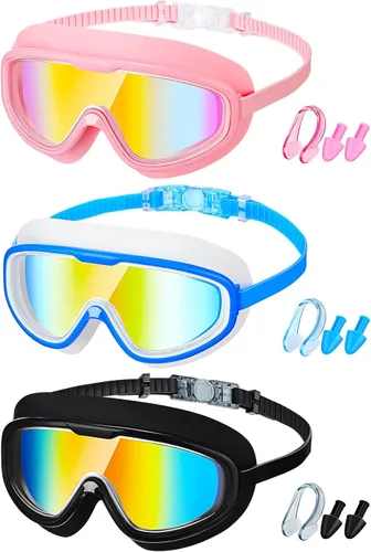Vista 11 de Konohan Paquete de 3 gafas de natación para adultos, gafas anchas sin fugas, antiniebla, con clips para la nariz, tapones para los oídos