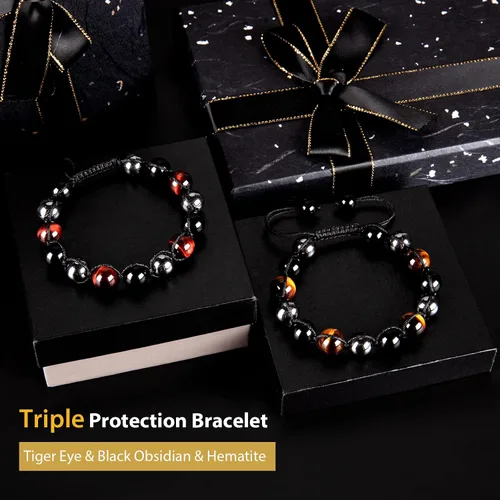 Vista 3 de SAMXY Triple Protection Bracelet, 8mm Healing Crystal Bead Bracelet, 3pcs Blue Red Tiger's Eye Obsidian Hematite Bracelet Women Men